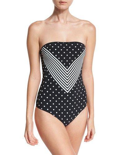 Chevron & Polka Dot Strapless One-piece Swimsuit, Black/white