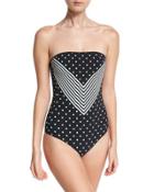 Chevron & Polka Dot Strapless One-piece Swimsuit, Black/white