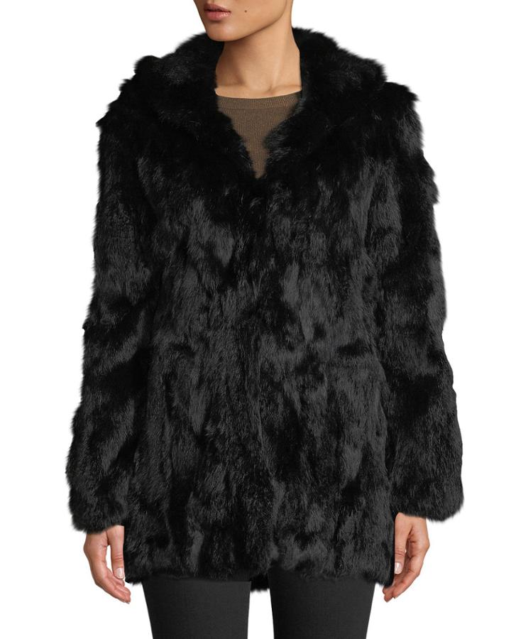 Leopard-print Hooded Rabbit Fur Coat