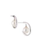 14k White Gold Pearl-dangle Hoop Earrings, White