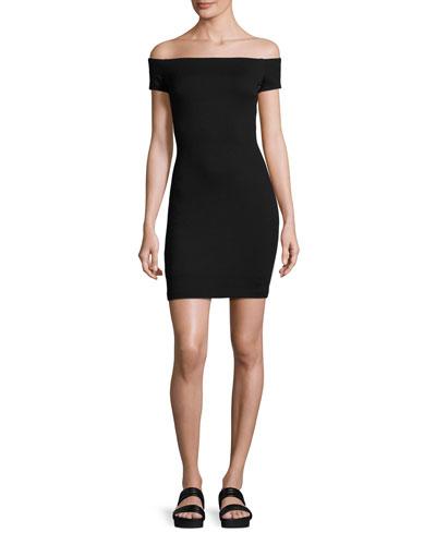 Long Distance Fitted Off-the-shoulder Striped Bardot Dress, Black/white