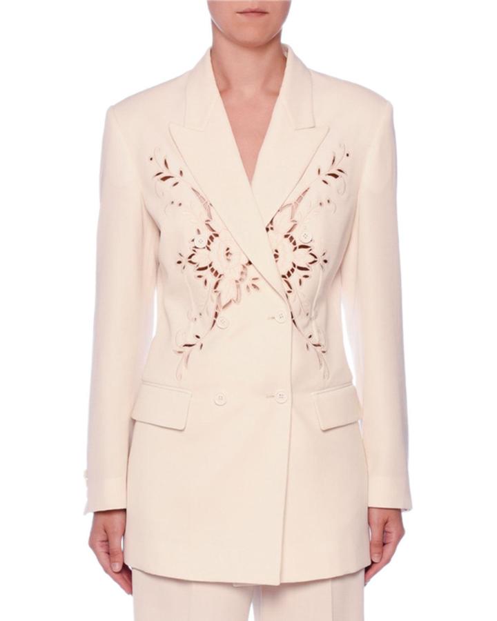Embroidered Anglaise Double-breasted Fitted Wool Blazer