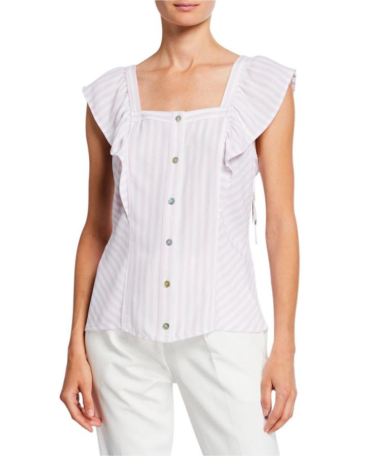 Striped Square-neck Cascade Ruffle Top