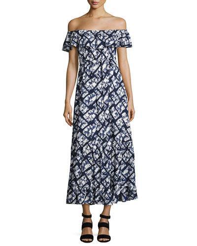 Off-the-shoulder Tie-dye Maxi Dress, Blue/white