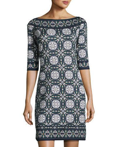Geometric-print Pont&eacute; Shift Dress, Navy