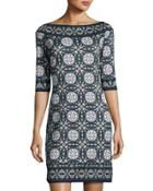 Geometric-print Pont&eacute; Shift Dress, Navy