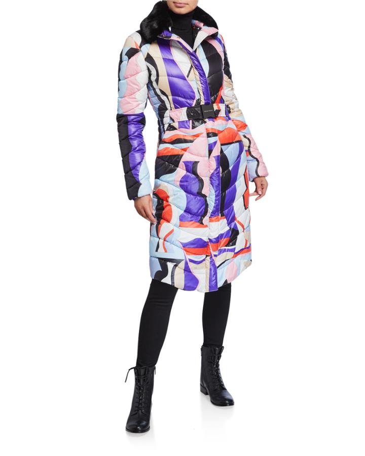 Abstract Print Quilted Coat With Faux Fur Trim
