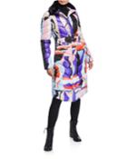 Abstract Print Quilted Coat With Faux Fur Trim