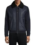 Mixed Media Leather Bomber Jacket, Coastal Blue