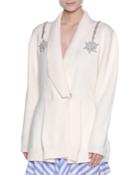 Embellished-shoulder Drape-collar Cardigan, White