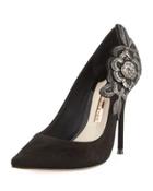 Suede Flower-embroidered Pump
