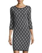 Jacquard 3/4-sleeve Sheath Dress, Black/ivory