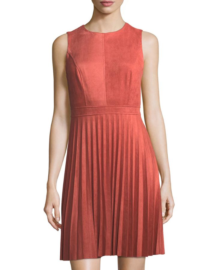 Faux-suede Fit-and-flare Dress, Coral