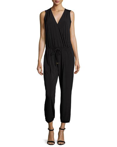 Sleeveless Drawstring Jersey Jumpsuit, Black