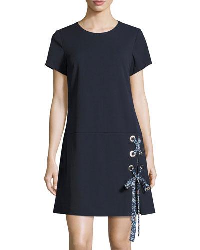 Short-sleeve Lace-up Dress, Navy