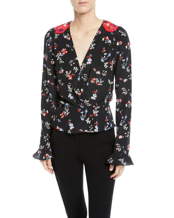 Clio Floral Long-sleeve Silk V-neck Top