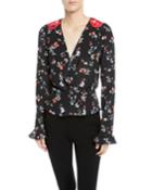 Clio Floral Long-sleeve Silk V-neck Top