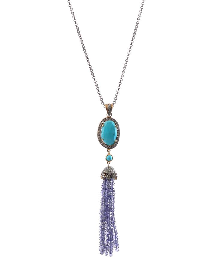 Black Silver Fringe Pendant Necklace With Turquoise & Purple Tanzanite