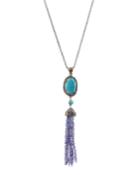 Black Silver Fringe Pendant Necklace With Turquoise & Purple Tanzanite