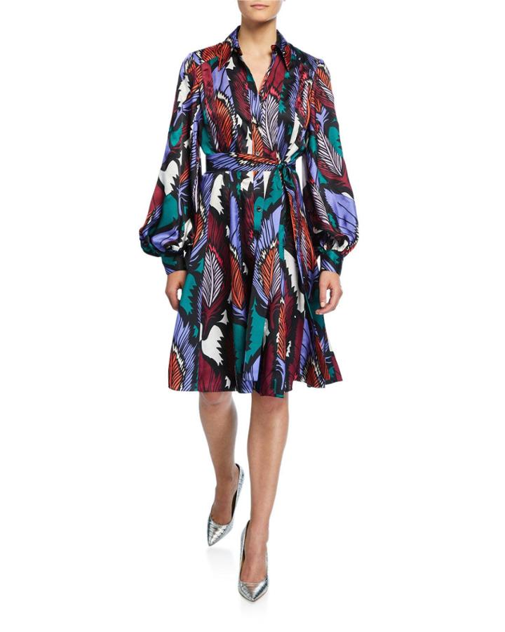 Puff-sleeve Feather-print Dress