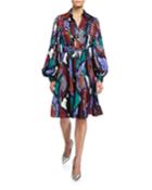 Puff-sleeve Feather-print Dress