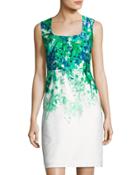 Square-neck Sleeveless Sheath Dress, Green/white