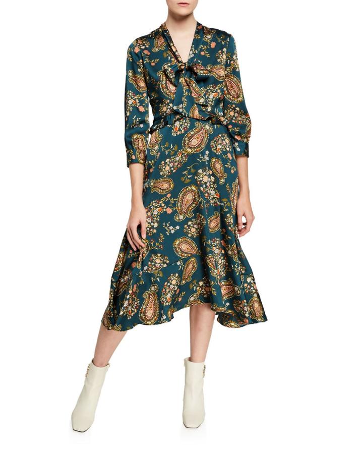 Paisley-print 3/4 Sleeve Neck Tie Dress