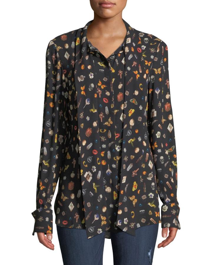 Obsession-print Tie-neck Silk Button-down Blouse