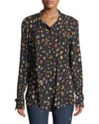 Obsession-print Tie-neck Silk Button-down Blouse