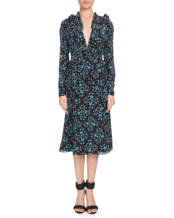 Ourika Deep-v Long-sleeve Vine-print Silk Dress W/ Ruffled Trim