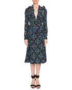 Ourika Deep-v Long-sleeve Vine-print Silk Dress W/ Ruffled Trim