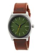 37mm Time Teller Leather Watch, Brown/green