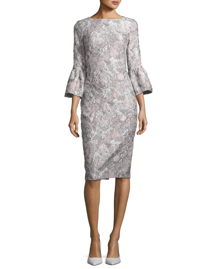 Metallic Stretch Bell-sleeve Jacquard Cocktail Dress
