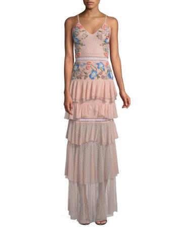 Embroidered Tiered Ruffle Gown