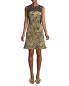 Sleeveless Metallic Mixed-brocade Flared-hem Dress