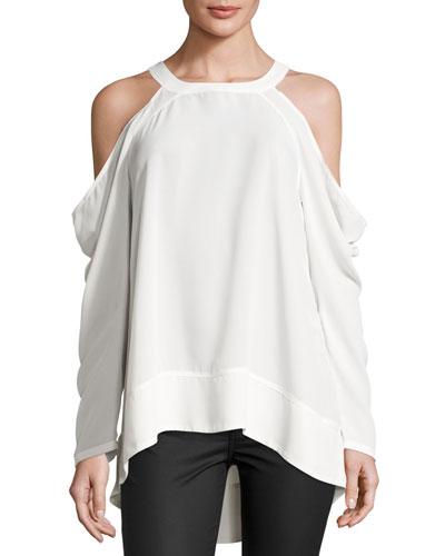 Long-sleeve Cold-shoulder Blouse, Ivory