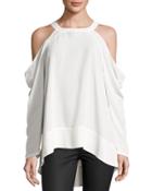 Long-sleeve Cold-shoulder Blouse, Ivory