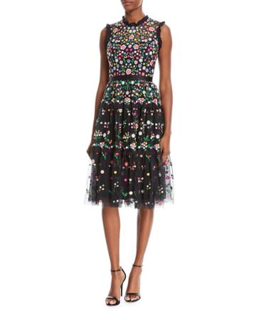 Lazy Daisy Sleeveless Floral-embroidered Tulle Cocktail Dress