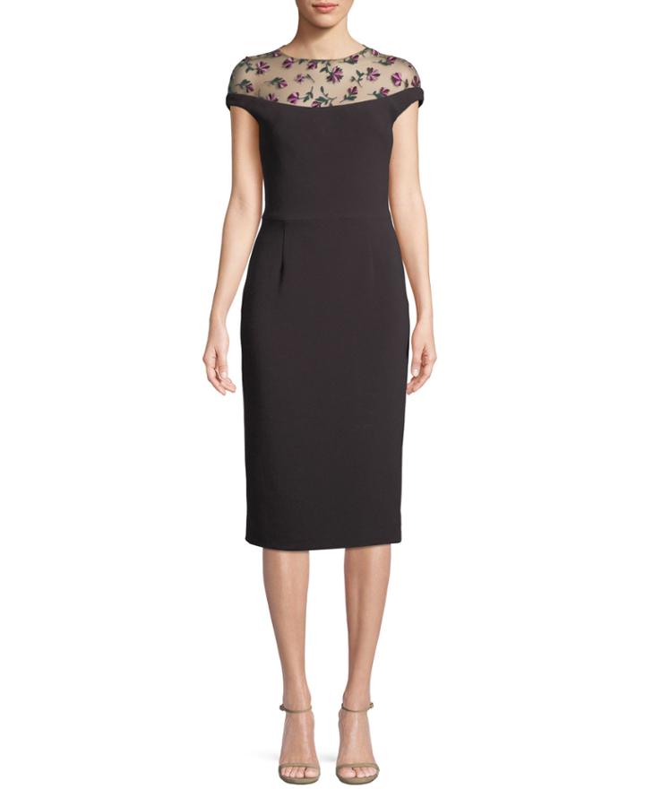Floral-embroidered Tulle Yoke Fitted Cocktail Dress