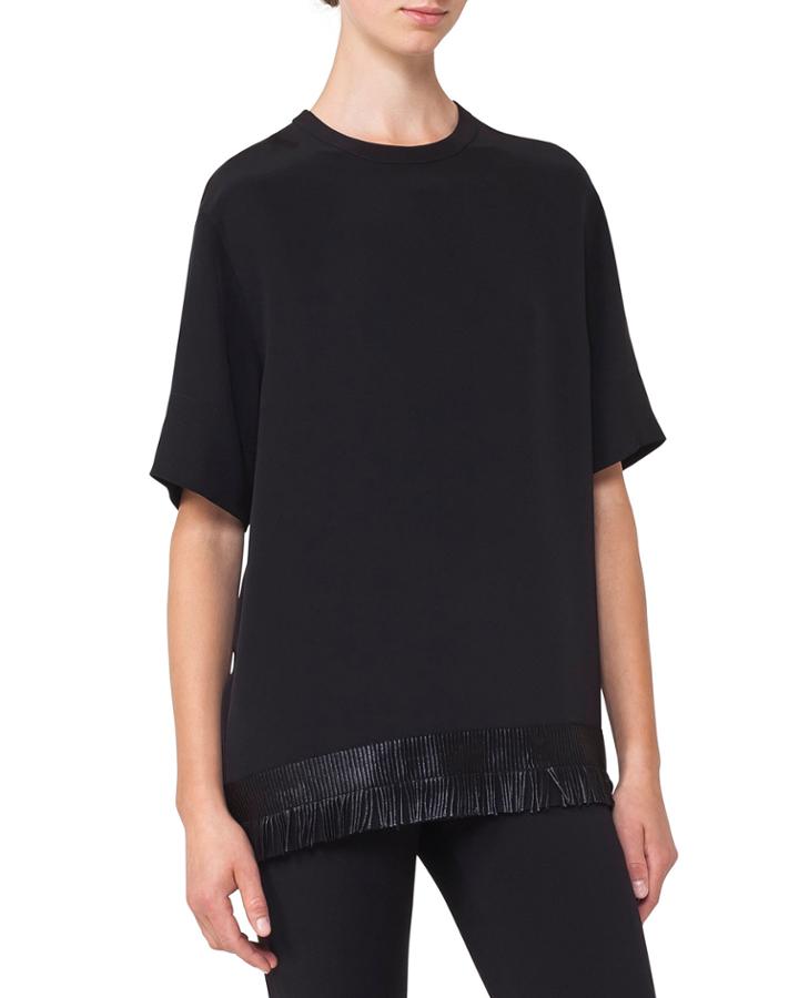 Crewneck Elbow-sleeve Silk Blouse W/ Fringe Hem
