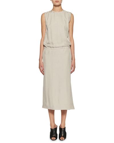 Sleeveless Drawstring Side-zip Dress, Neutral