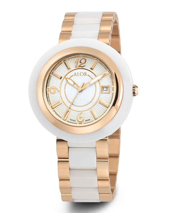 Cavo 43mm Date Watch W/ Ceramic Bracelet Strap, White/rose