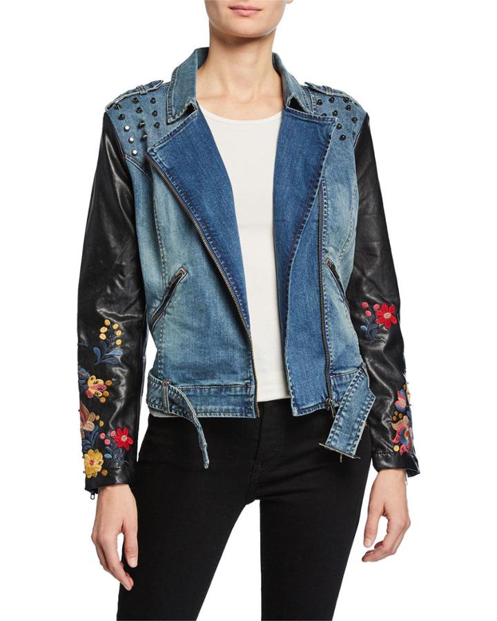 Embroidered Faux-leather Denim