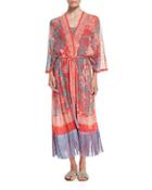 Fringed Long-sleeve Kimono Robe, Pink