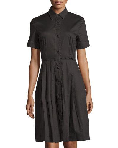 Short-sleeve Button-front Pleated Shirtdress, Black