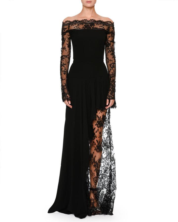 Off-the-shoulder Lace Illusion Column Evening Gown