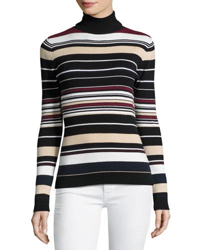 Striped Ribbed-knit Turtleneck Top, Assorted