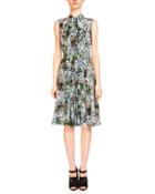 Sleeveless Tie-neck Floral Dress, Light Blue/multi