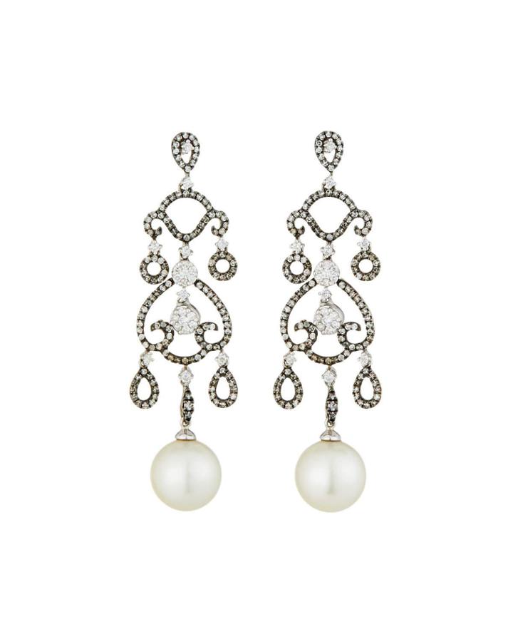 18k White Gold Linear Diamond & Pearl Drop Earrings