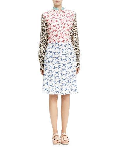 Mixed-print Henley Dress, White Ocean